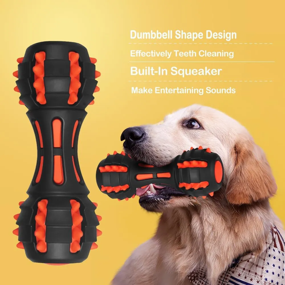 AUSCAT Dog Squeaky Toys, Squeaky Toys for Dogs, Teething Chew Toys for Medium Large Breed, Durable Rubber Dog Toy, Dumbbell Shape, Black