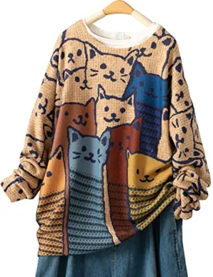 Beige Cetty Women Long Sleeve Jumpers Overd Graphic Knitted Sweater Crew Neck Loose Pullover Sweater Tops - Yesno
