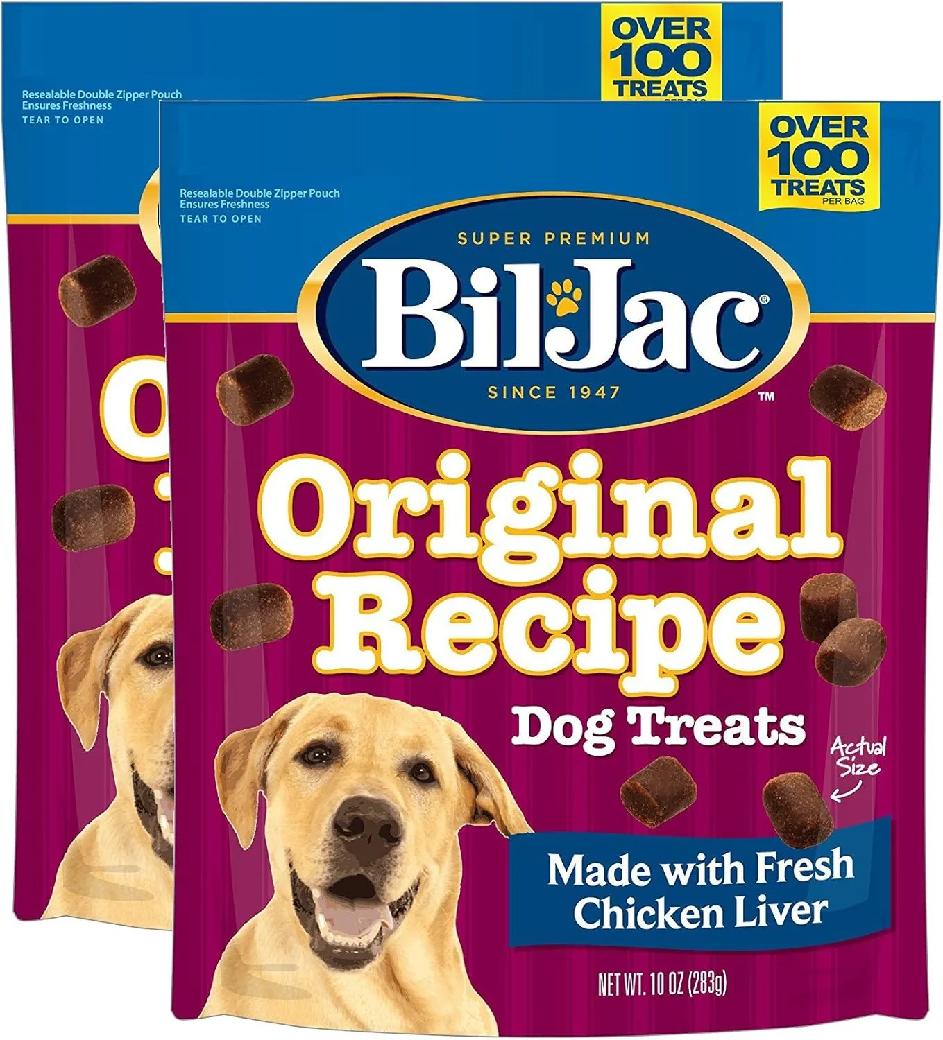 Bil-Jac Dog Treats - Original Recipe Chicken Liver Soft Puppy Training Treat Rewards, Resealable Double Zipper Pouch (Sizes Vary) (2, 10oz)