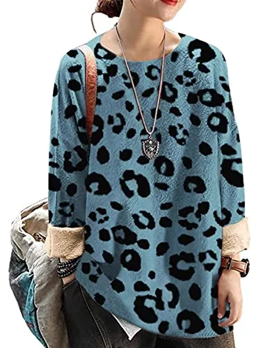 Blue Women Long Sleeve Jumpers Overd Graphic Knitted Sweater Crew Neck Loose Pullover Sweater Tops - Yesno