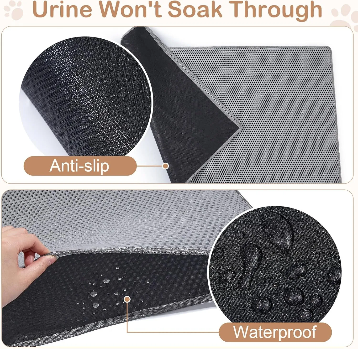 Cat Litter Mat Double Layer Litter Mat Non-slip Litter Box Mat Waterproof and Urine-proof Litter Trapping Mat Grey Kitty Mat Easy To Clean, 46x27in