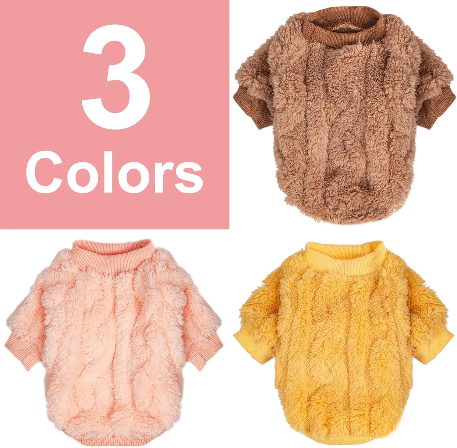 Dog Sweater, 3 Pack Dog Sweaters for Small Dogs or Cats, Girl or Boy, Warm Dog Clothes Shirt Coat for Winter Christmas (Coffee, Peach, Yellow, XX-Small)