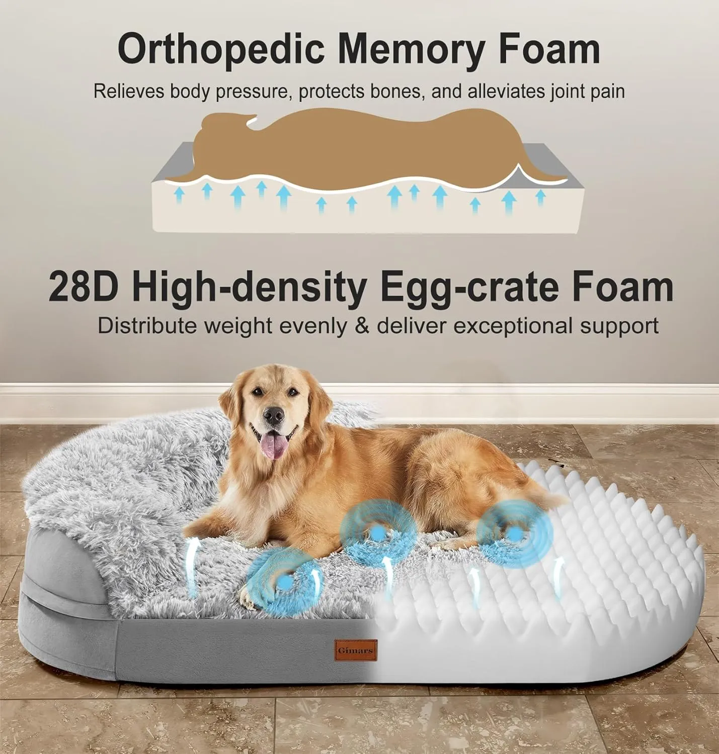 Gimars XL Orthopedic Dog Bed, 3.7in Ultra Soft Thick Egg Foam, 28D Crate Foam Washable Cover, Waterproof Lining Supportive Half-Round for Large Seniors Dogs 44x32.6x7.7in
