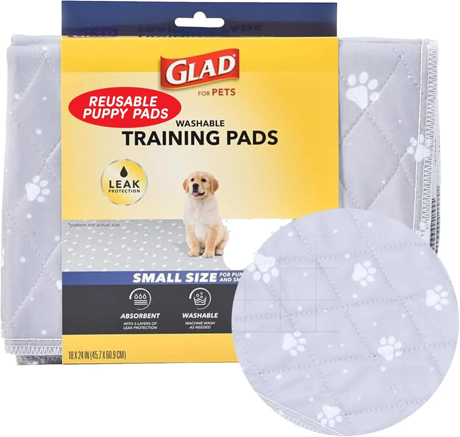 Glad for Pets Reusable Dog Pee Pads, Gray with Paw Prints - Washable Potty Pads for Dogs, Cloth Puppy Potty Training Pads, Puppy Essentials, Waterproof Pet Mats for Floor, 18 x 24, 2 Count
