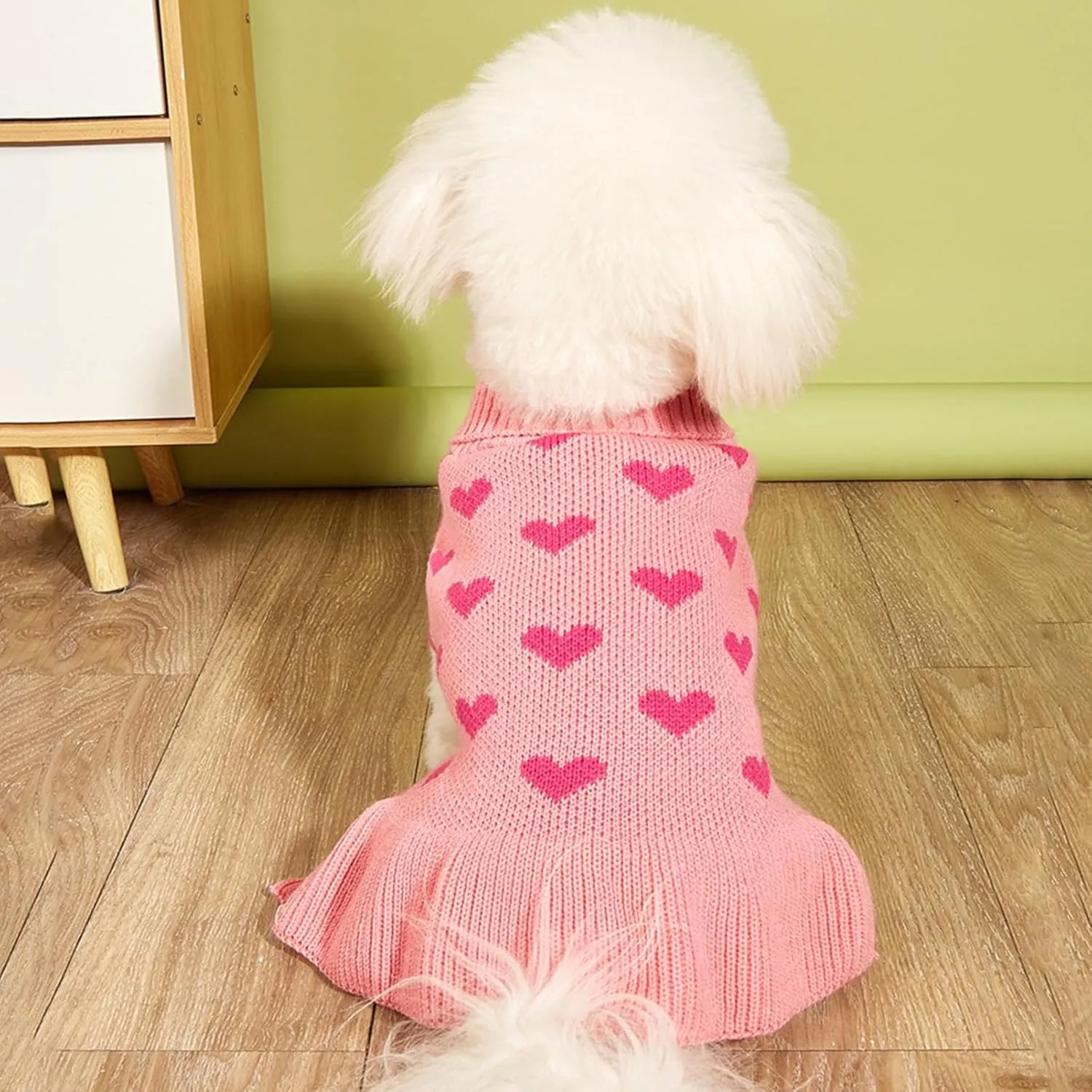 Jecikelon Heart Dog Sweater Dress Valentine's Day Puppy Clothes Knit Turtleneck Pet Outfits Warm Doggy Cat Winter Sweater Dresses for Small Dogs Girl (Small, Pink)