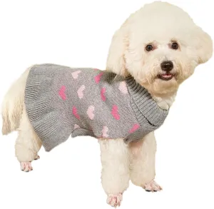 Jecikelon Heart Dog Sweater Dress Valentine's Day Puppy Clothes Knit Turtleneck Pet Outfits Warm Doggy Cat Winter Sweater Dresses for Small Dogs Girl (X-Small, Grey)