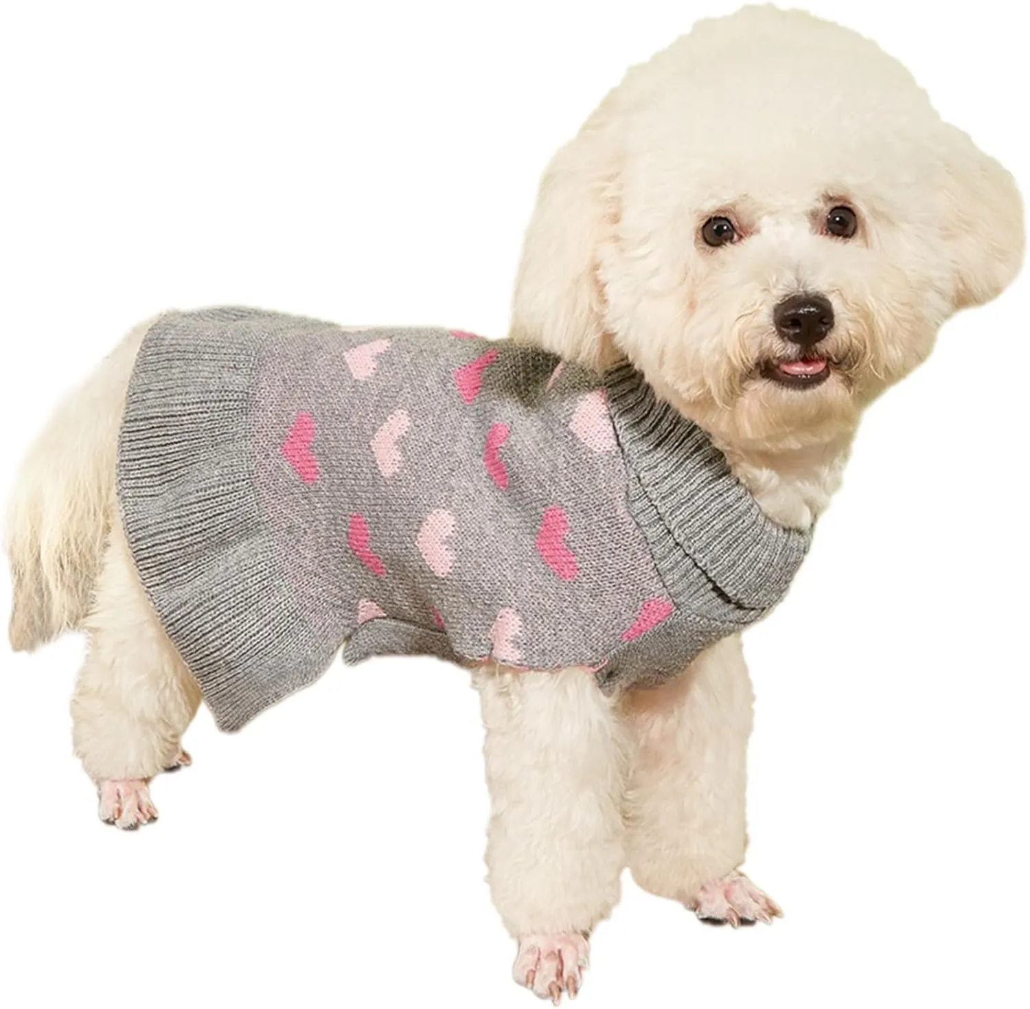 Jecikelon Heart Dog Sweater Dress Valentine's Day Puppy Clothes Knit Turtleneck Pet Outfits Warm Doggy Cat Winter Sweater Dresses for Small Dogs Girl (X-Small, Grey)