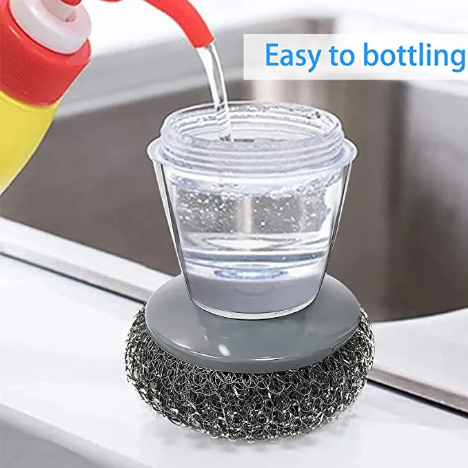 Kitchen Soap Dispensing Brush, 2 in 1 Soap Dish Brush with Holder Steel Wool Scrubbers