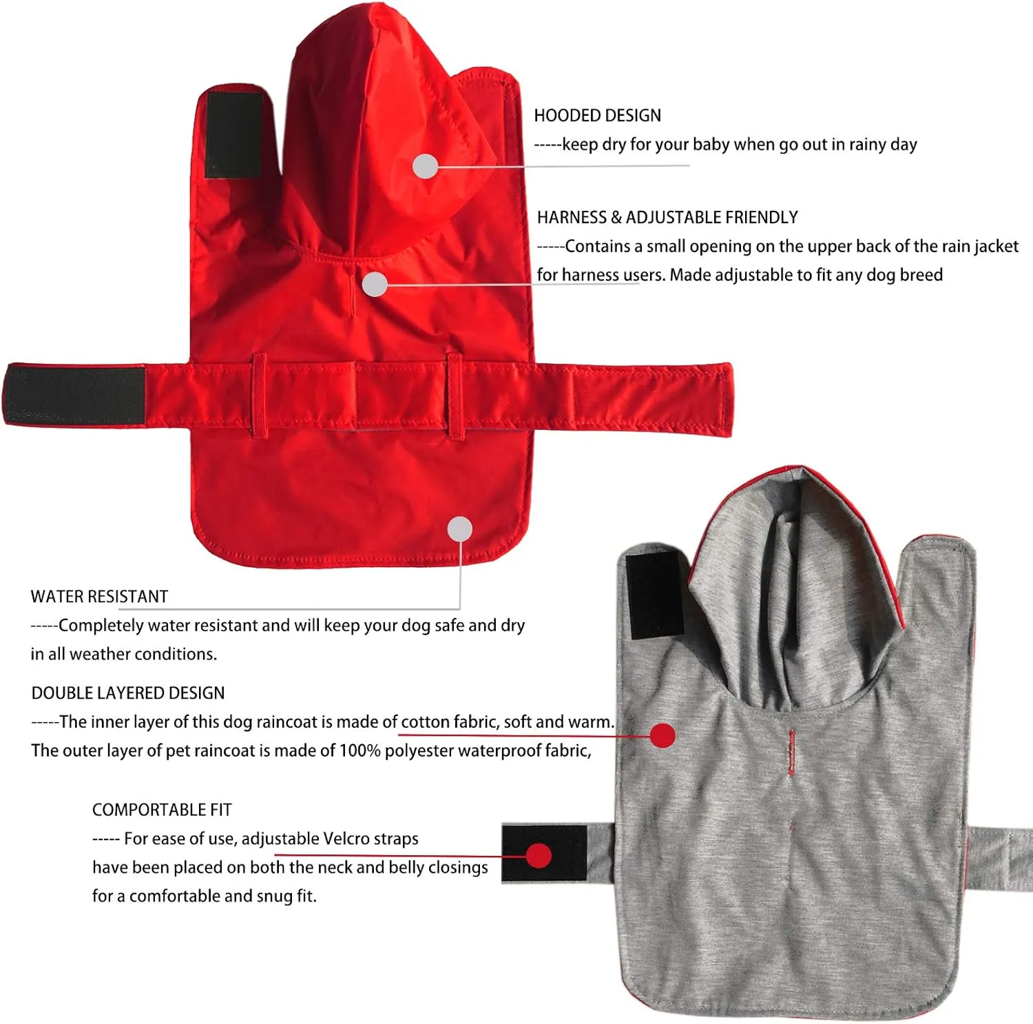 LeerKing Dog Raincoat Hooded With Leash Hole - 10 Sizes, Waterproof Double Layer Rain Coat Jacket With Lining for Small Medium and Large Dogs, Red, XL