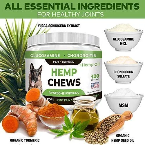 Pawesome Hemp   Glucosamine for Dogs - Hip & Joint Supplement - w/ Hemp Oil   Protein - Chondroitin, MSM, Turmeric to Improve Mobility & Energy - Natural Joint Pain Relief, 120 Soft Chews