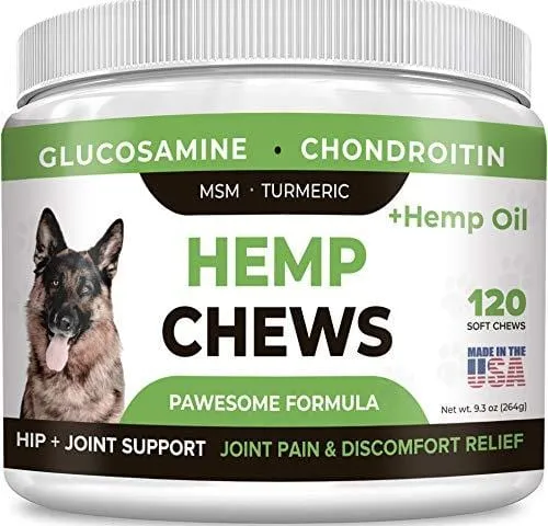 Pawesome Hemp   Glucosamine for Dogs - Hip & Joint Supplement - w/ Hemp Oil   Protein - Chondroitin, MSM, Turmeric to Improve Mobility & Energy - Natural Joint Pain Relief, 120 Soft Chews