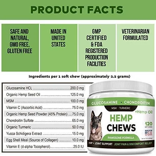 Pawesome Hemp   Glucosamine for Dogs - Hip & Joint Supplement - w/ Hemp Oil   Protein - Chondroitin, MSM, Turmeric to Improve Mobility & Energy - Natural Joint Pain Relief, 120 Soft Chews