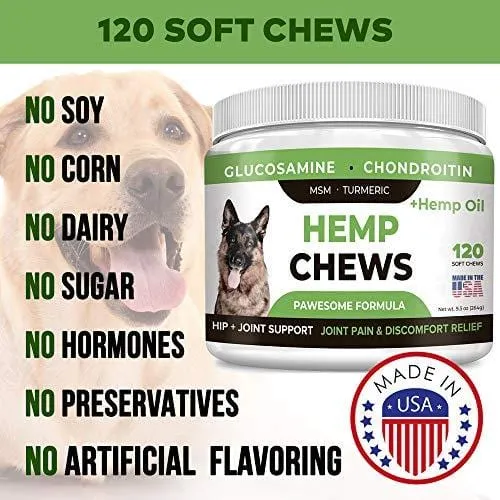 Pawesome Hemp   Glucosamine for Dogs - Hip & Joint Supplement - w/ Hemp Oil   Protein - Chondroitin, MSM, Turmeric to Improve Mobility & Energy - Natural Joint Pain Relief, 120 Soft Chews