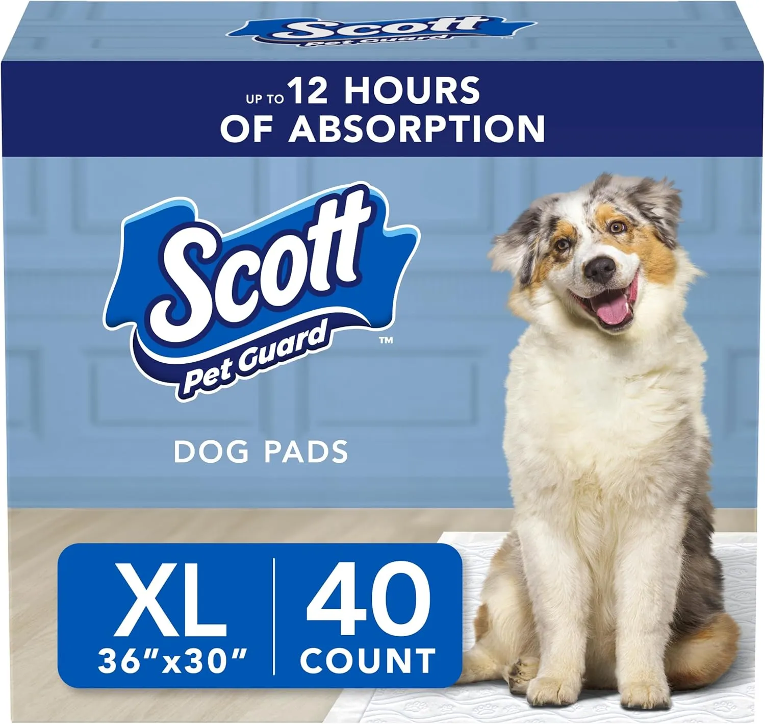Scott Pet Guard Dog Pads - Medium & Large Dog Training Pee Pads - Up to 12 Hour Absorbent Odor Control - XL Size - 30" x 36" - 40 Pack