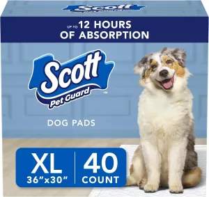 Scott Pet Guard Dog Pads - Medium & Large Dog Training Pee Pads - Up to 12 Hour Absorbent Odor Control - XL Size - 30" x 36" - 40 Pack