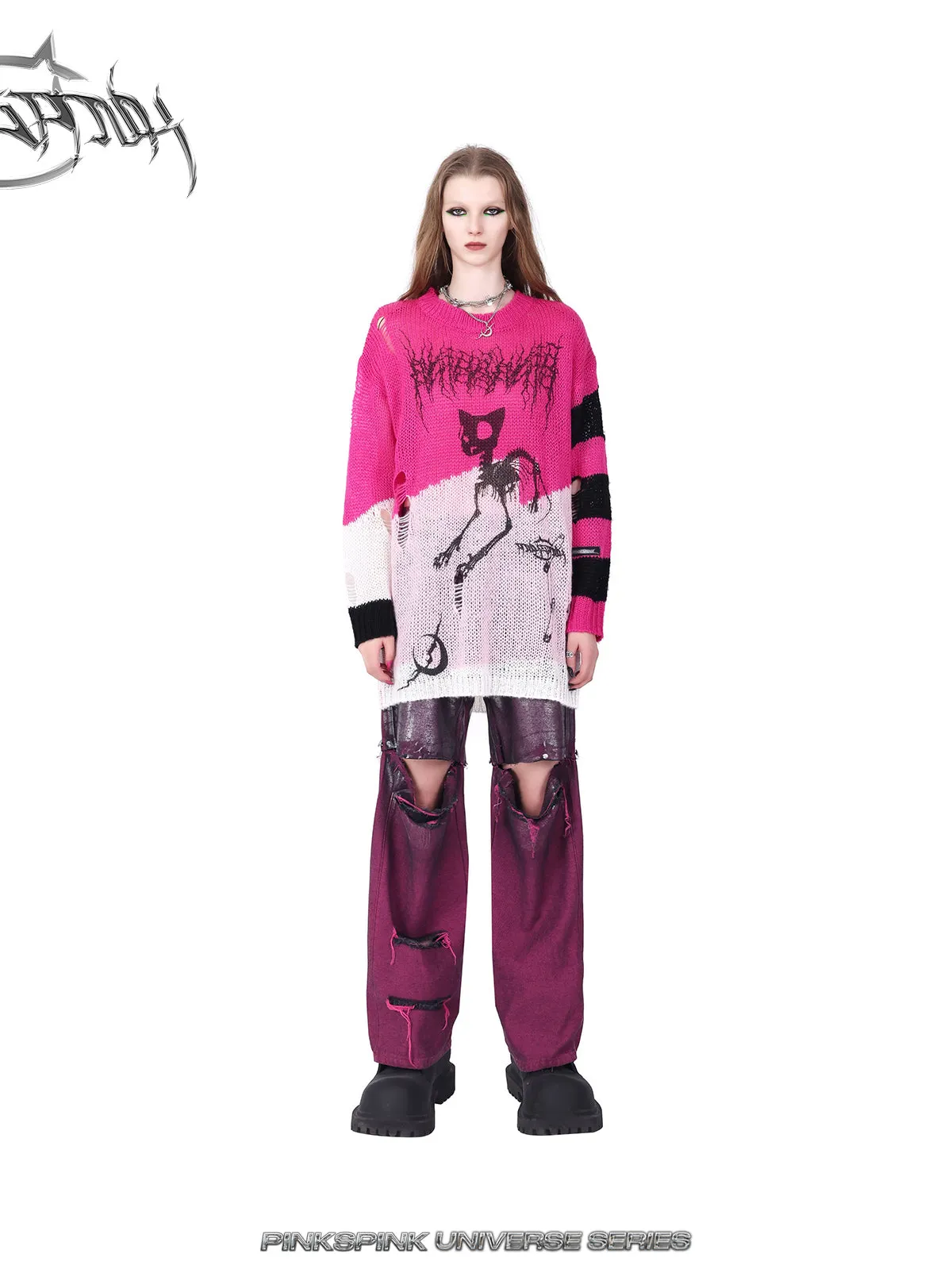 SHADOW CAT striped hollowed sweater