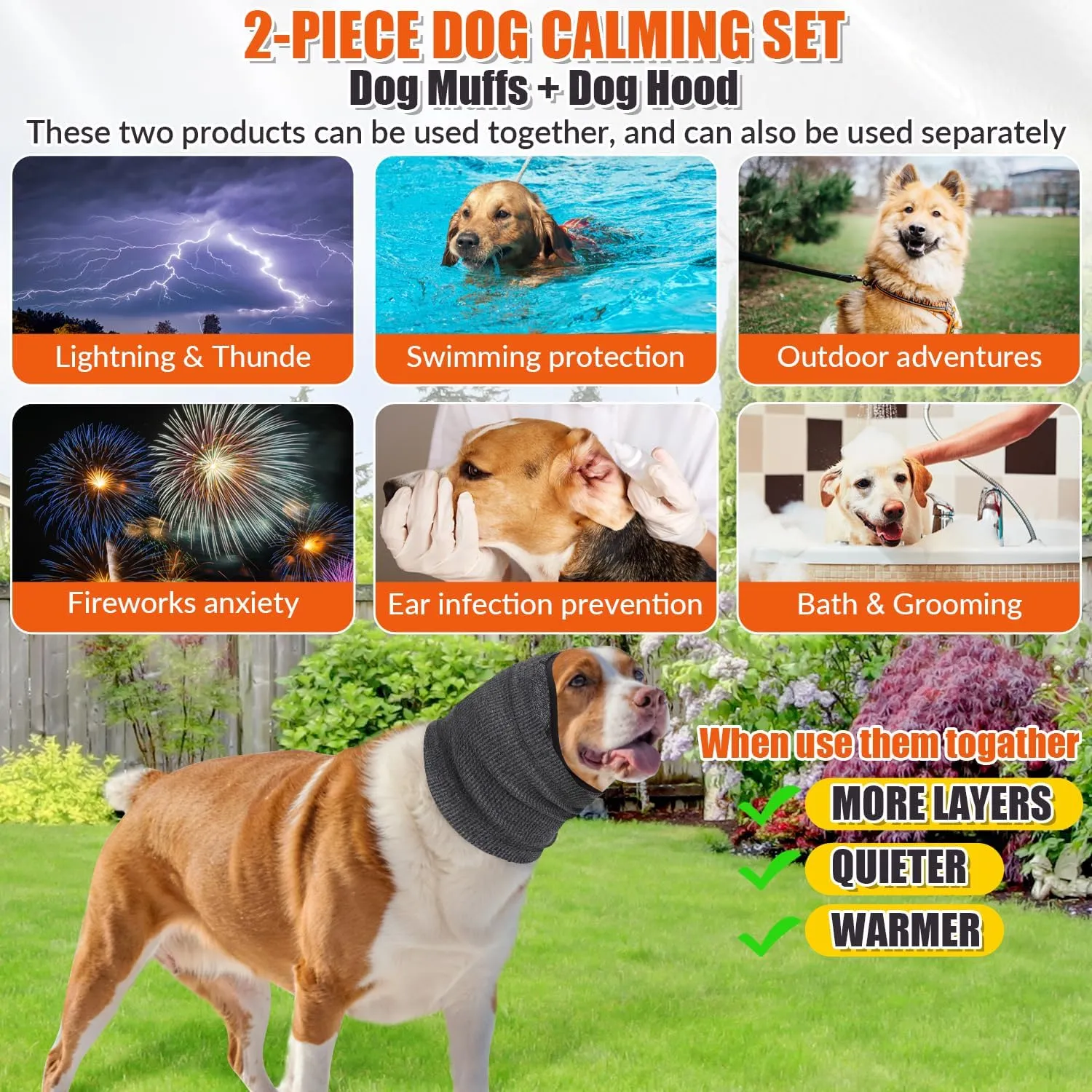 SlowTon Quiet Ears Dog Hoodie - 2 Pcs Ear Wrap Dog Ear Muffs Noise Protection, Anxiety Relief Dogs Hat Calming Hood Head Cover, Pet Headband Dogs Ear Protector for Grooming, Force Drying (Grey,M)