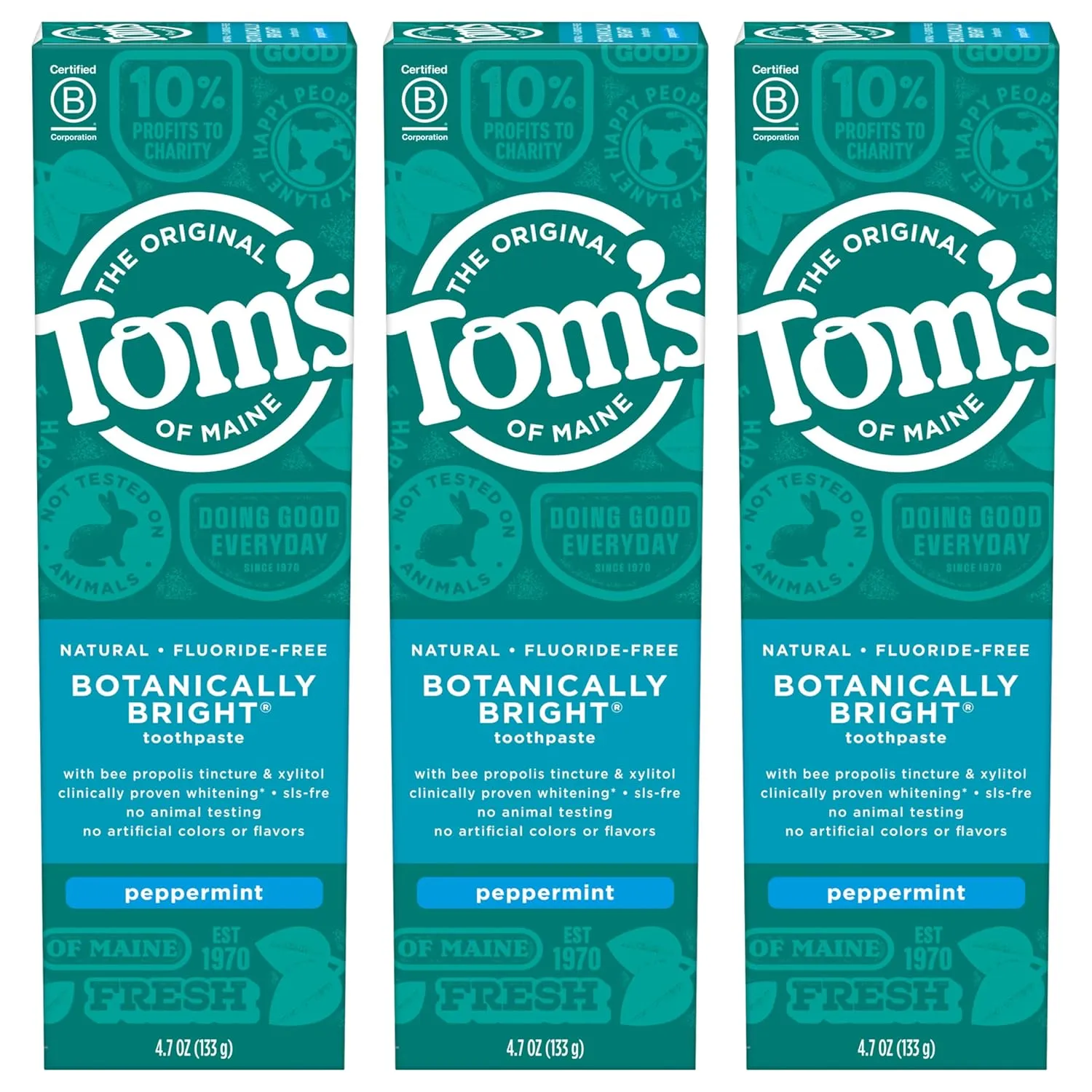 Tom's of Maine Natural Fluoride-Free SLS-Free Botanically Bright Toothpaste, Peppermint, 4.7 oz. 3-Pack (Packaging May Vary)
